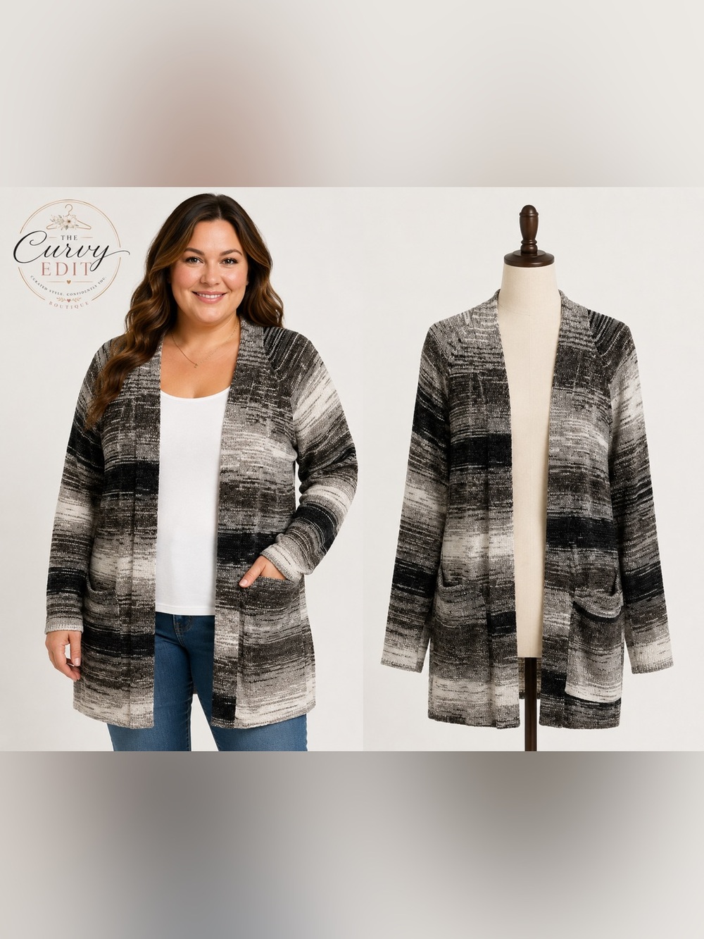 Ruby Rd. Open Front Striped Cardigan Sweater | Gray Black White | Size Large